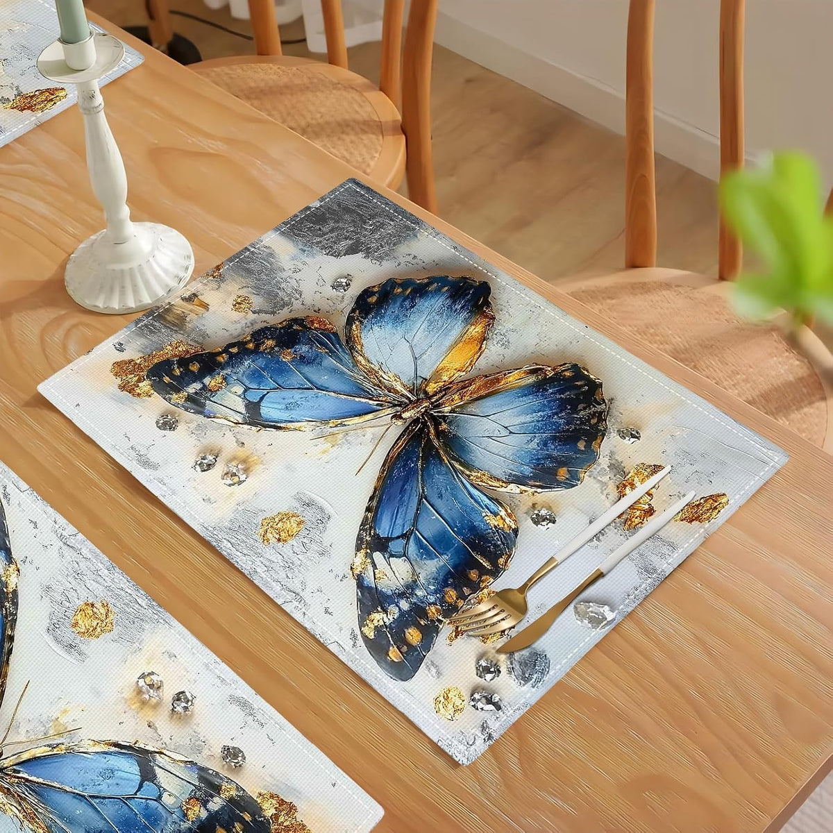 Set 6 Manteles Mariposa Azul Dorado 18x12pulg