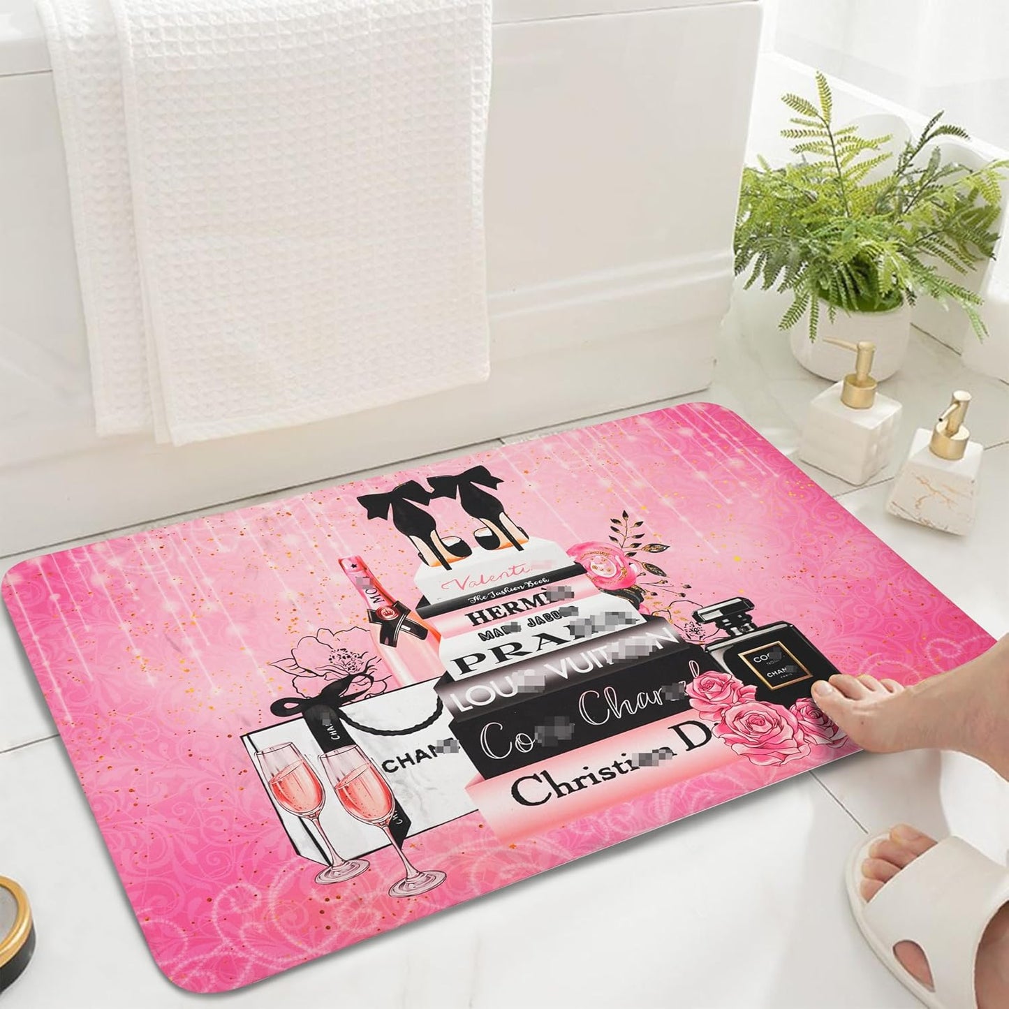 Tapete baño rosa diseño floral gamuza 20x32" antiderrap
