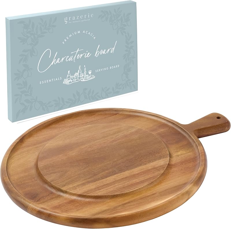Tabla cortar acacia redonda con ranura y mango para cocina