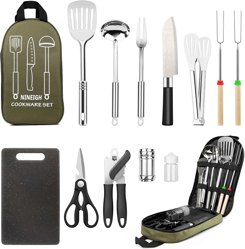 Set utensilios cocina acampar acero inox parrilla