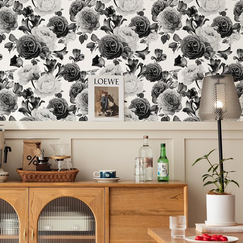 Papel tapiz floral autoadhesivo peonía blanca y negra