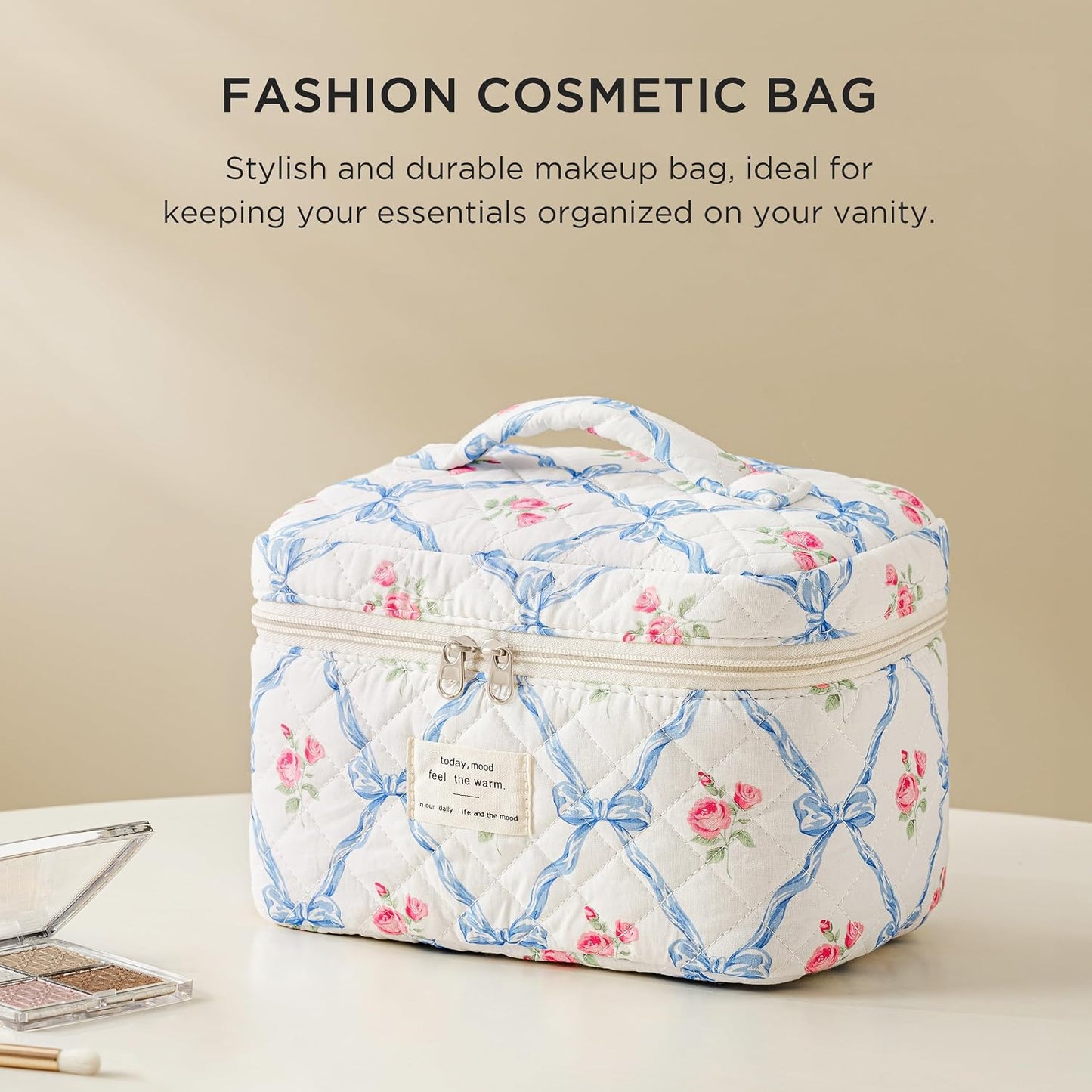 Bolsa maquillaje acolchada algodón con asa florales coquette