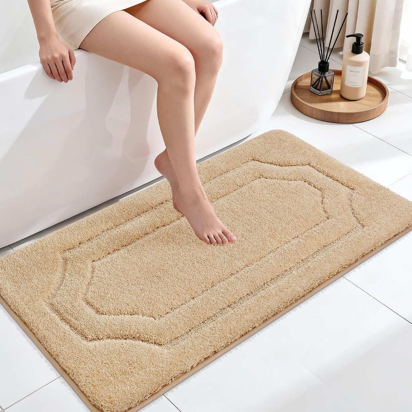 Tapete baño antiderrap suave poliéster beige lavable