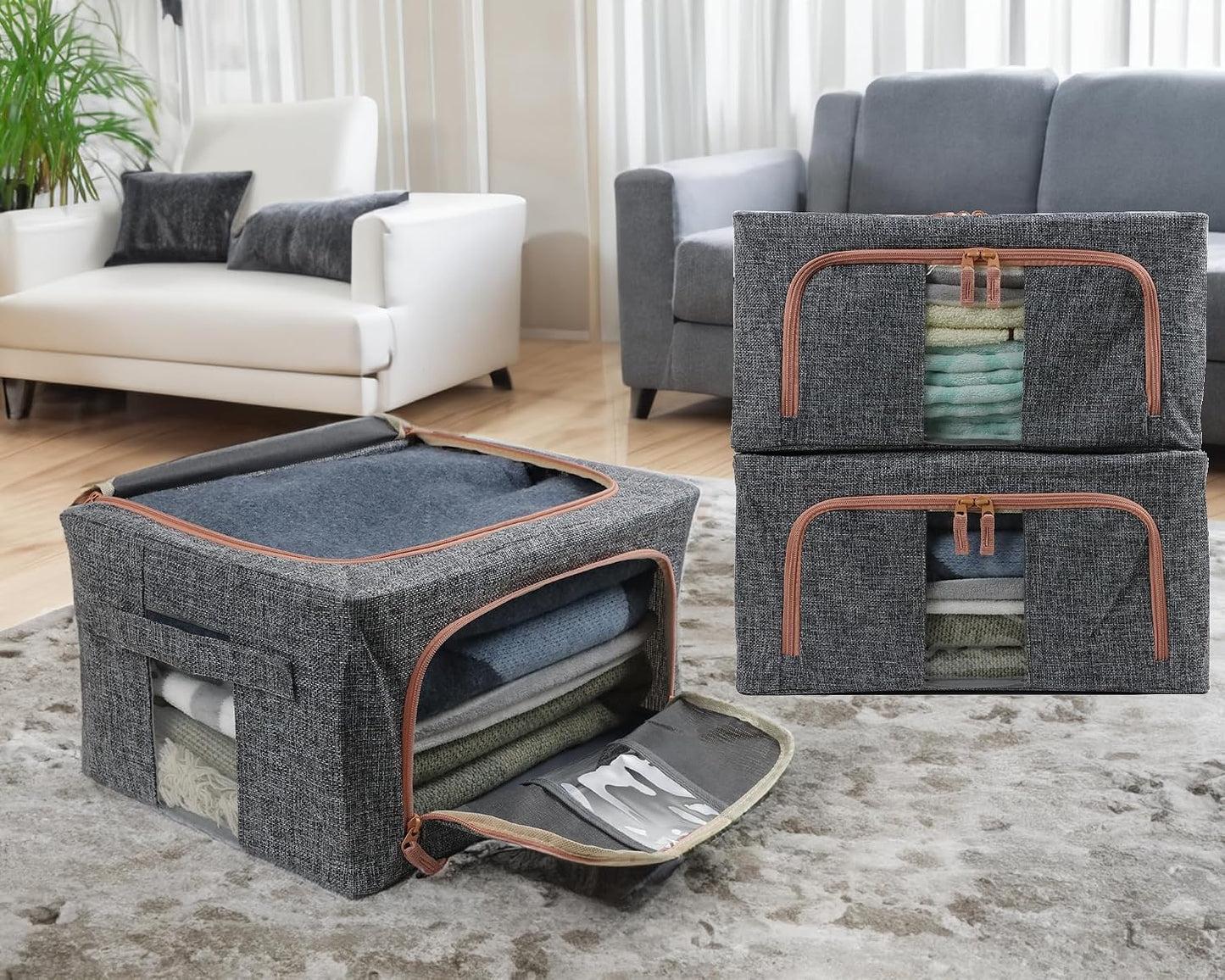 Caja almacenamiento tela lino 4 organizadores metal 2 vías