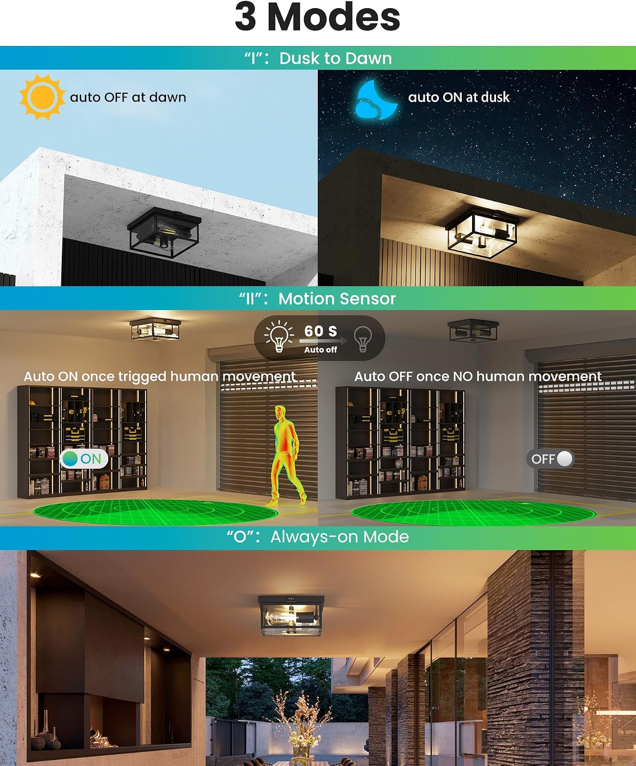 Lámpara techo exterior sensor movimiento 2 luces anochecer