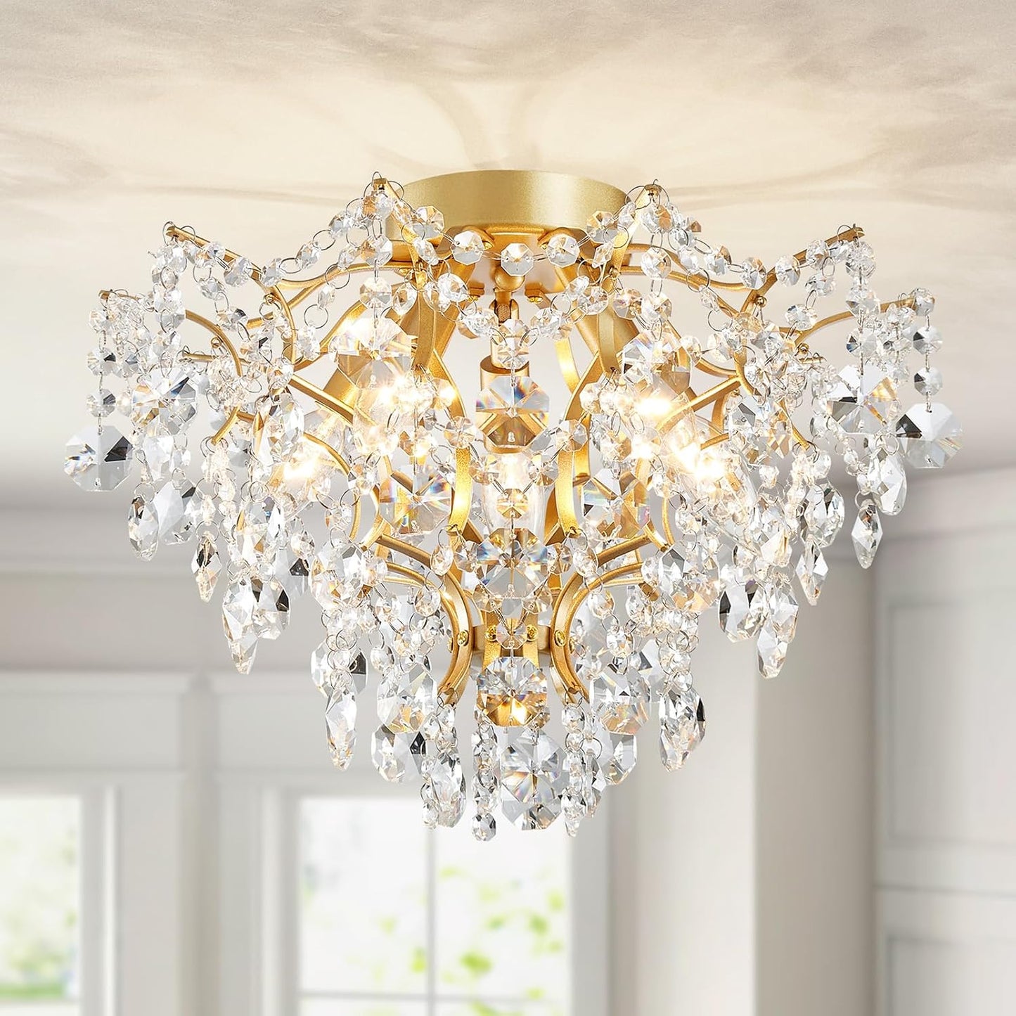 Lámpara techo cristal 5 luces dorado 12pulg alto