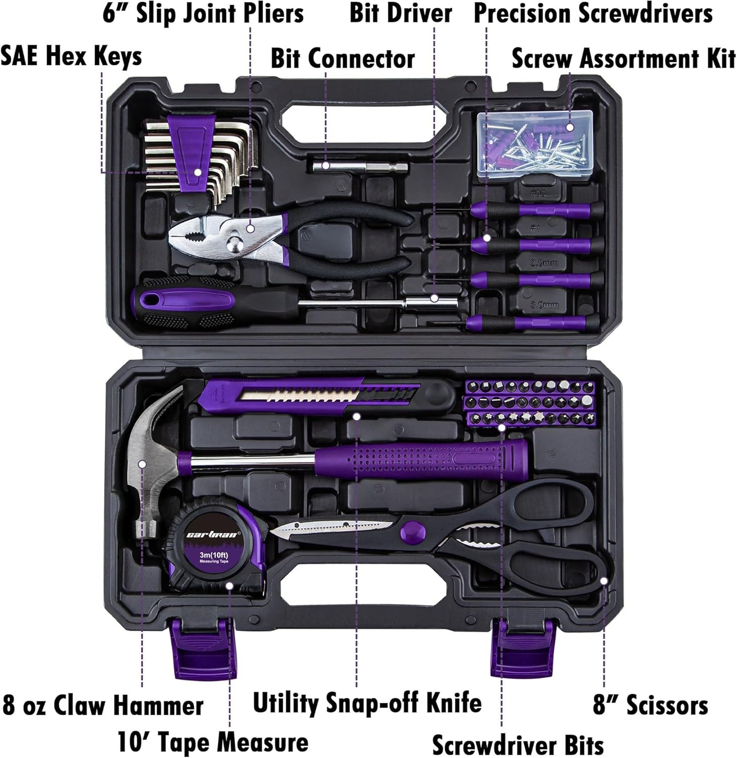 Kit herramientas hogar con estuche color morado