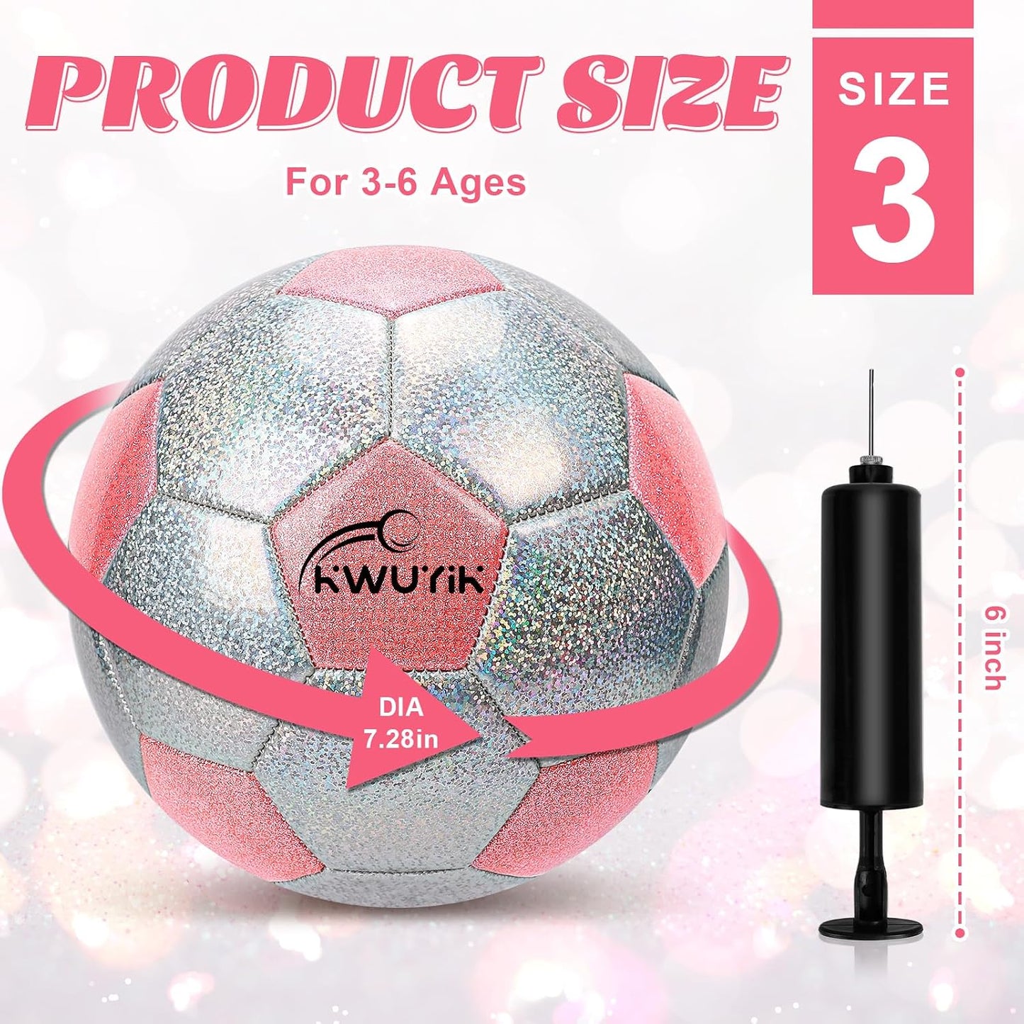 Balón fútbol niños 3-12 años con purpurina inflador