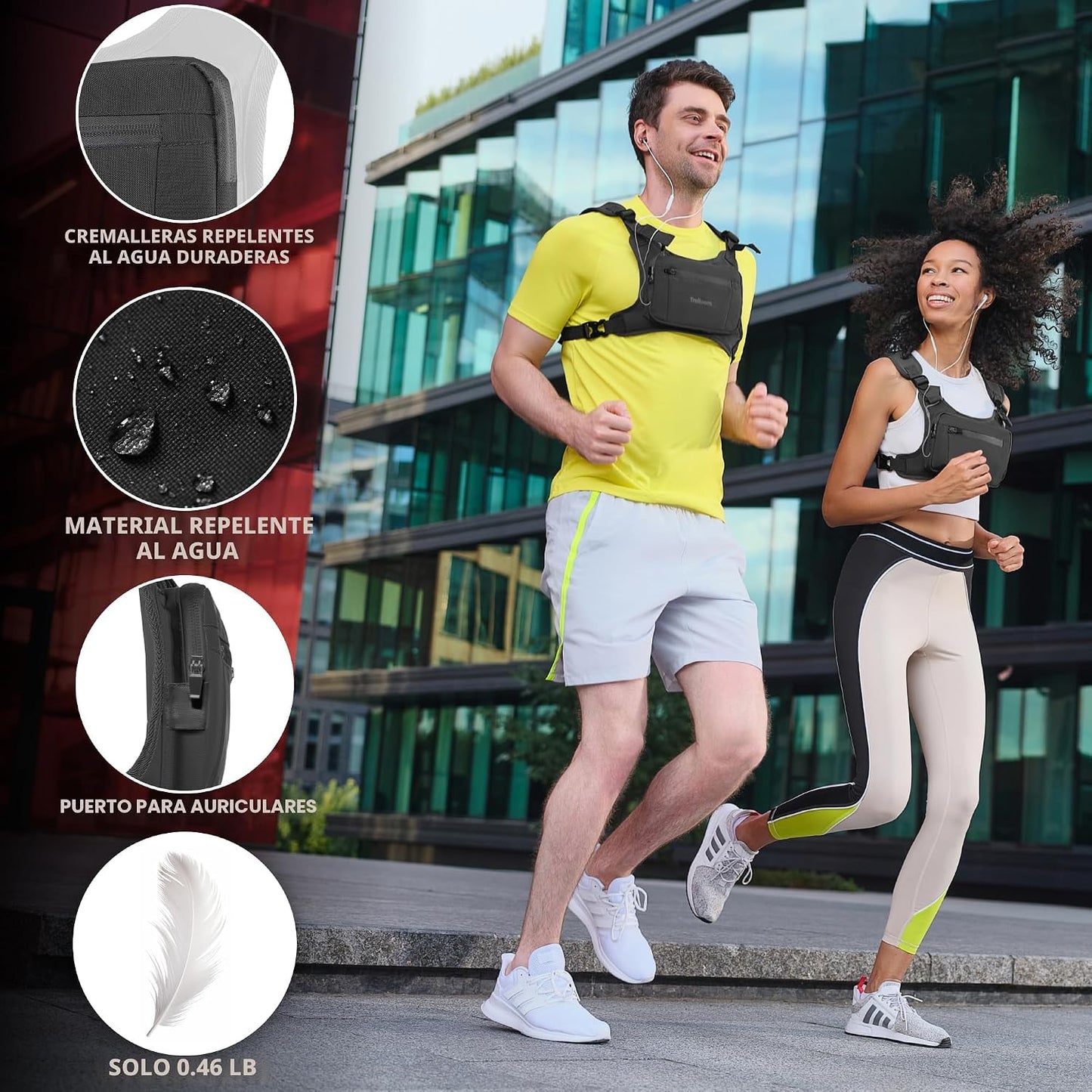 Cofre para correr con chaleco reflectante y soporte teléfono