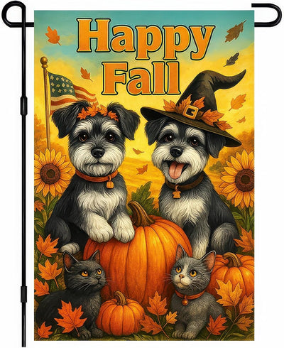 Bandera jardín 12x18pulg doble cara perro gato calabaza