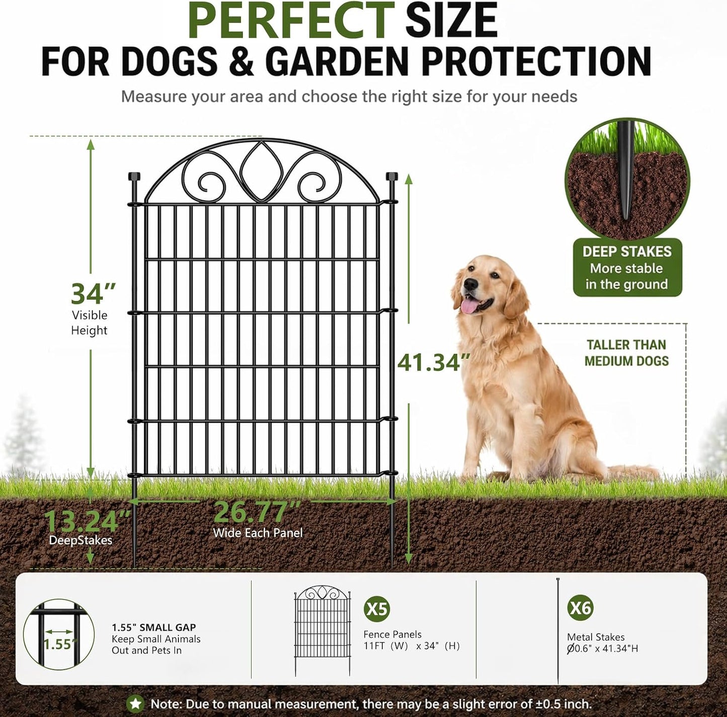 Valla jardín 34" x 11ft metal resistente óxido 5 paneles