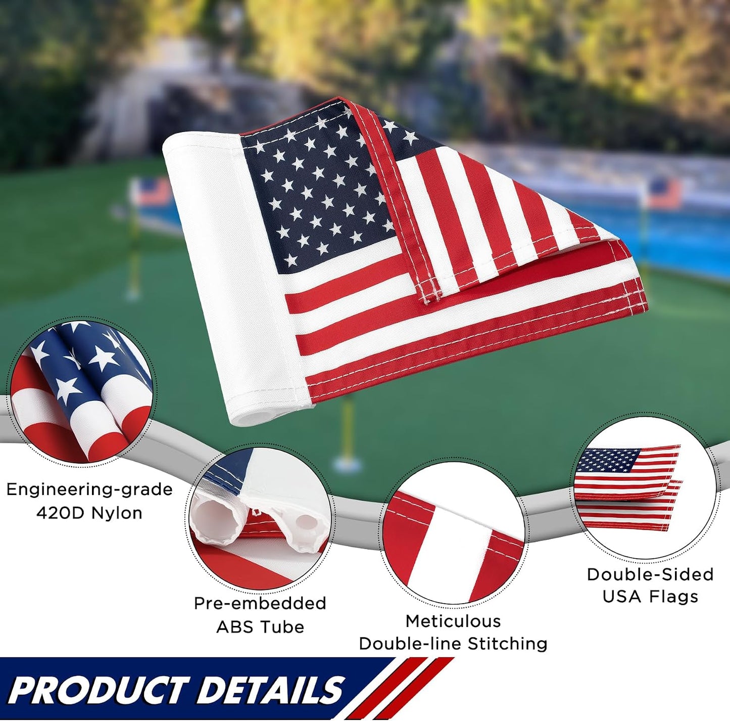 Bandera golf EE.UU. 8x6" nailon 420D doble cara