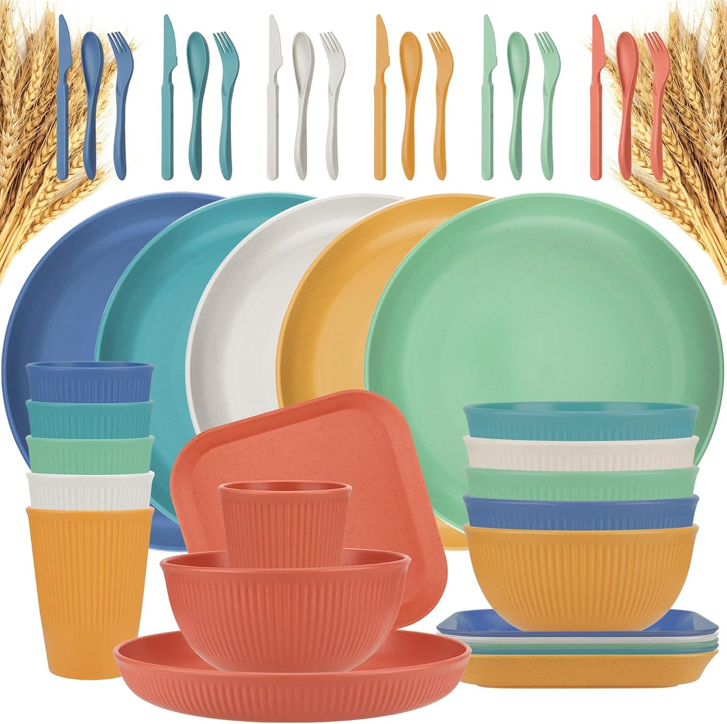 Set 42 Pzas Platos y Tazones Paja Trigo Llavaplatos Microondas