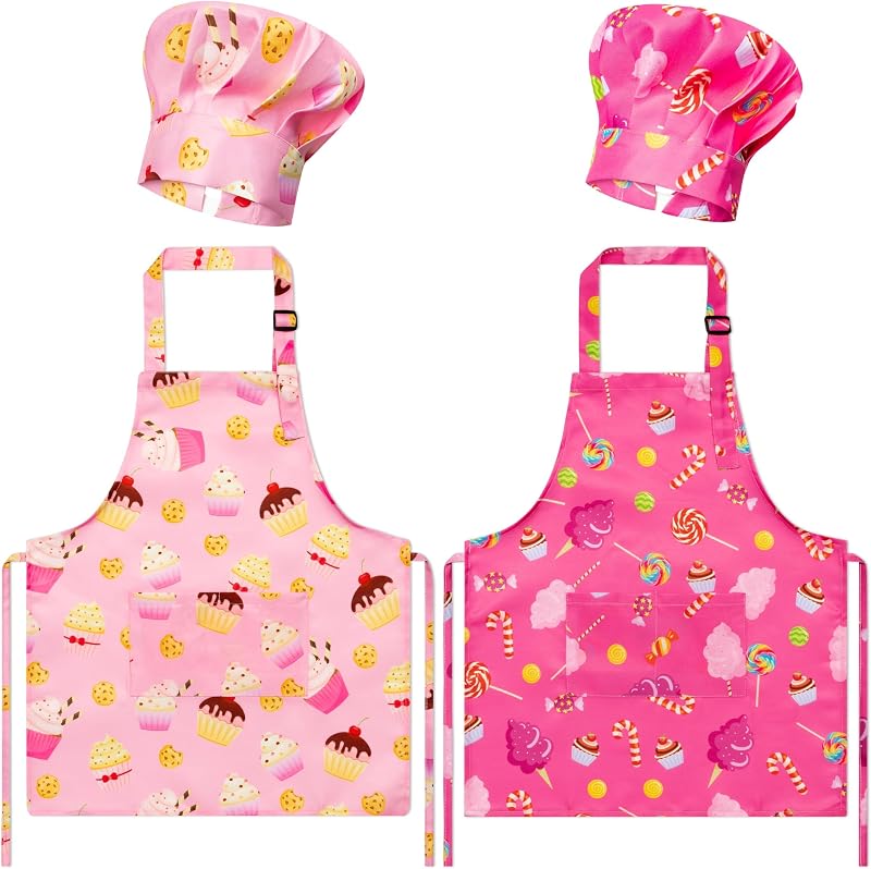 Set 4 Delantales Chef Niños Estampado Galletas Cupcakes Rosa