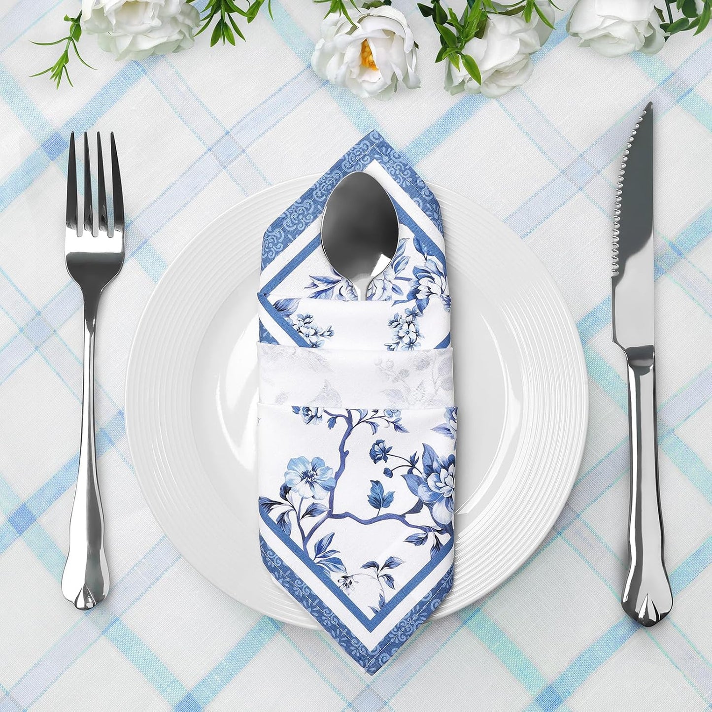 Set 6 servilletas tela ramas azules 18x18pulg lavables comedor