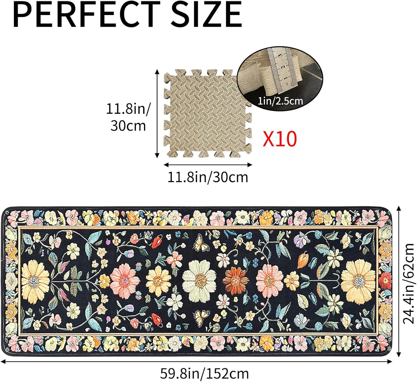 Alfombra floral 2x5pulg antideslizante negro interiores