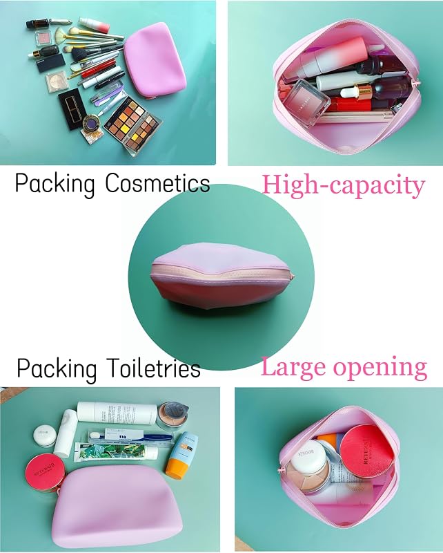 Bolsa maquillaje silicona plegable con cremallera rosa