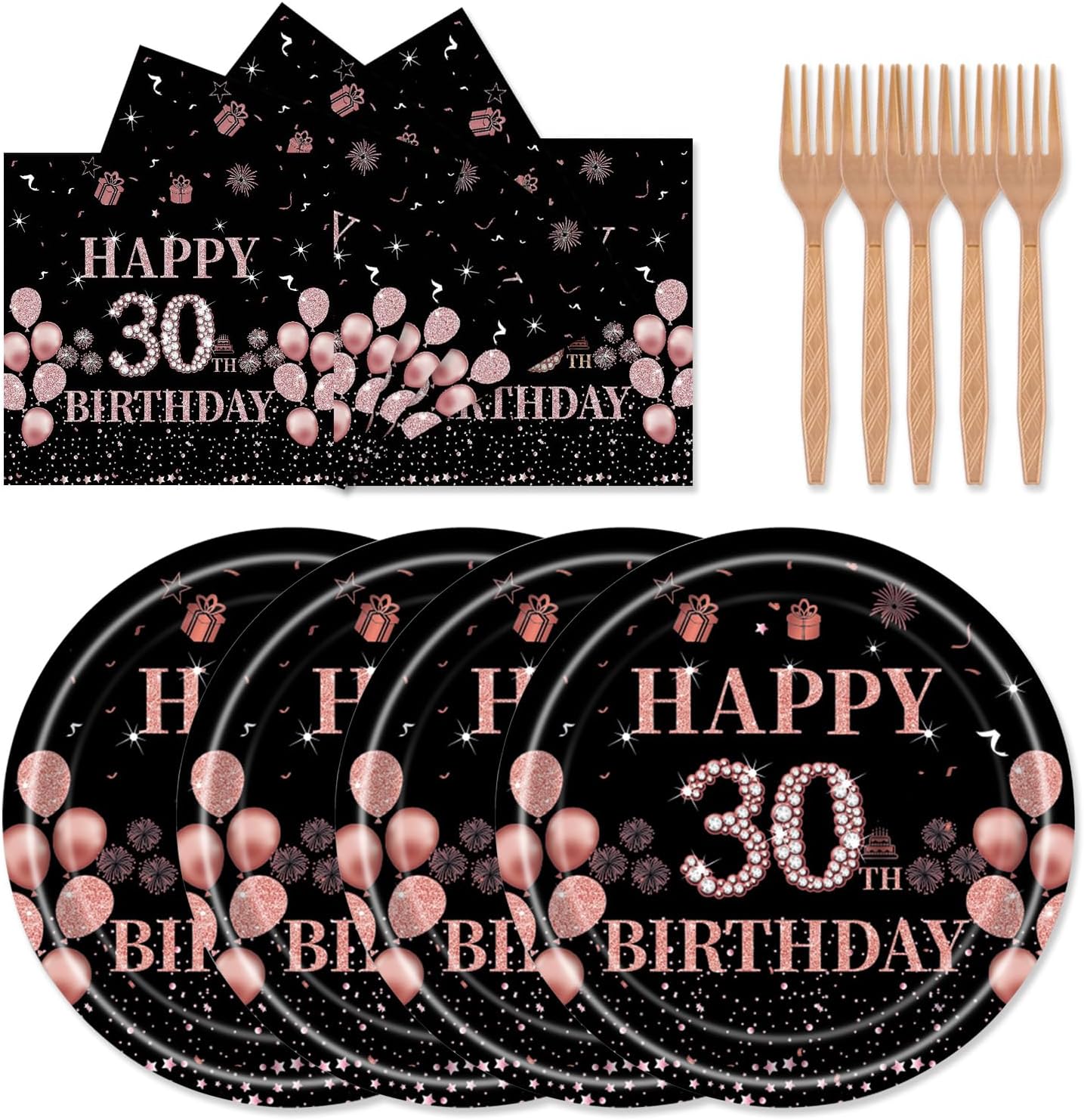 Juego 72 platos servilletas negro oro rosa para fiesta 30 años
