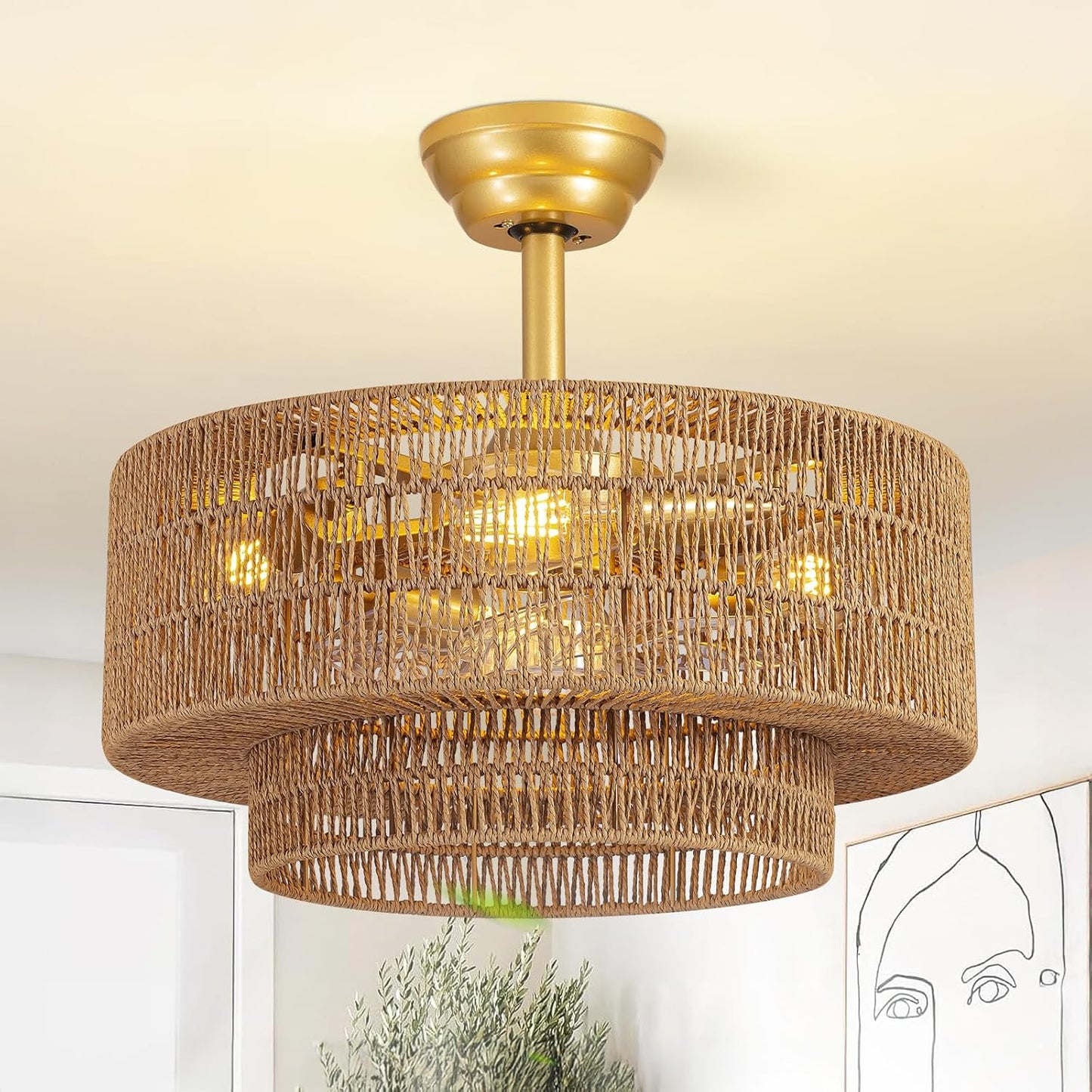 Ventilador techo bohemio ratán luces 6 velocidades