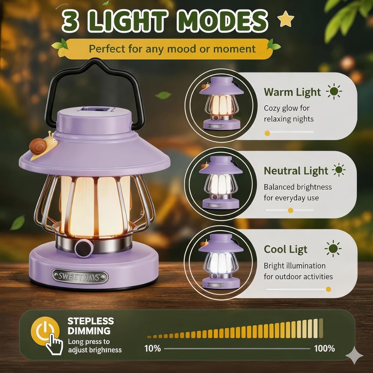 Linterna camping niños diseño caracol USB-C LED regulable