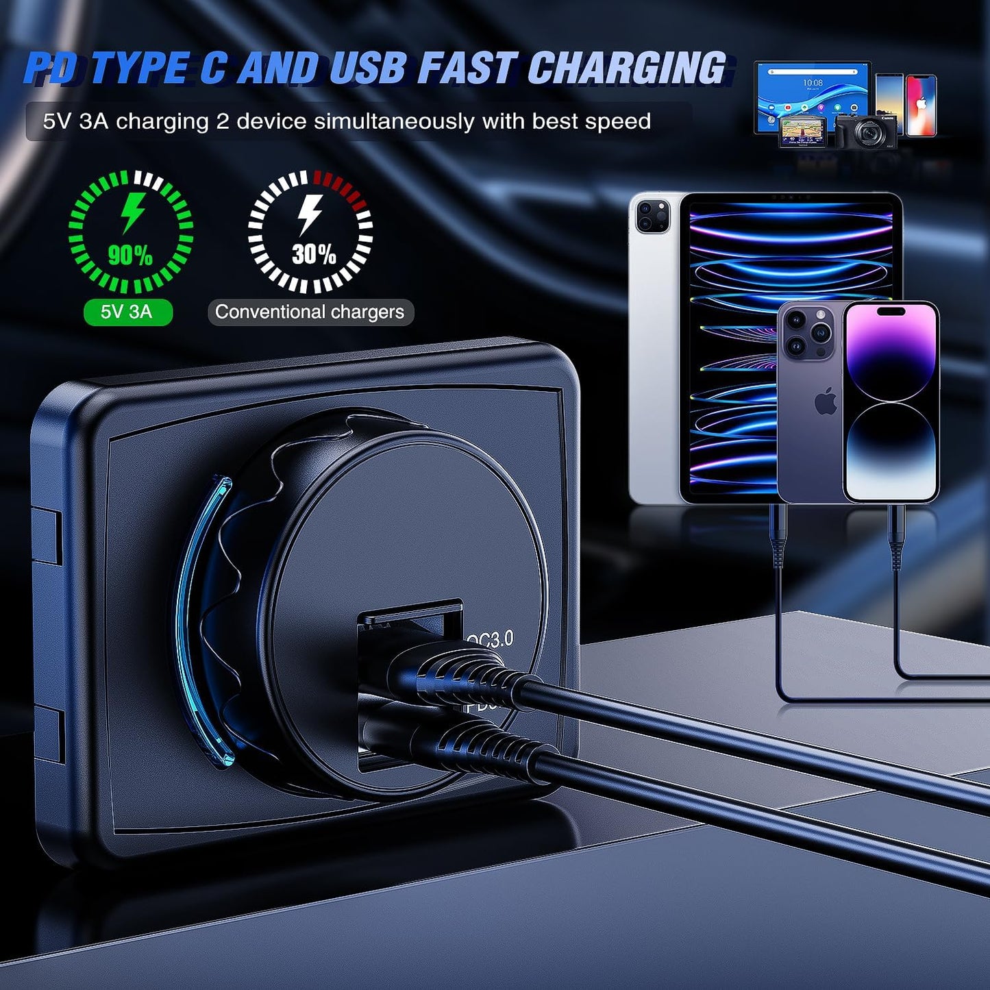Cargador USB PD 12-24V 3A con luz LED para coche