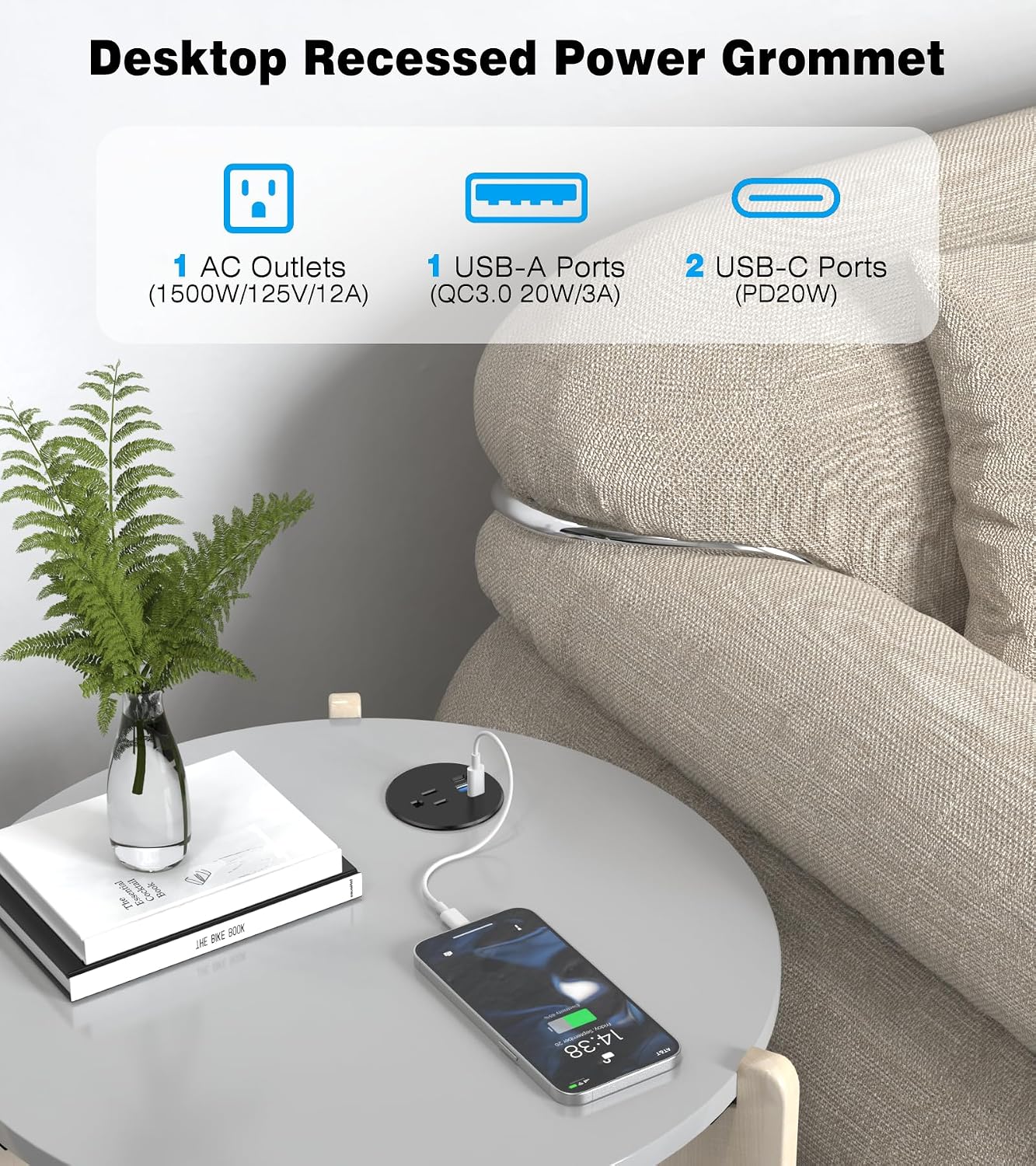 Toma corriente escritorio 2.5pulg USB-C 20W negro 10ft