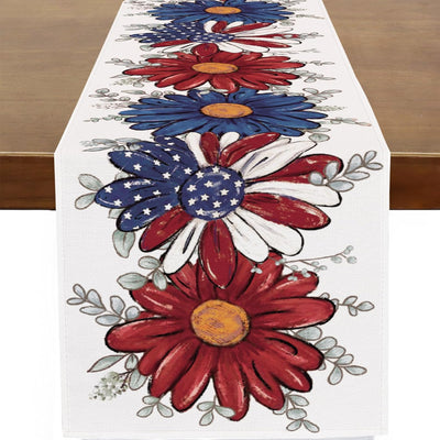 Camino de mesa patriótico de arpillera 13 x 90 pulgadas estrellas florales y margaritas