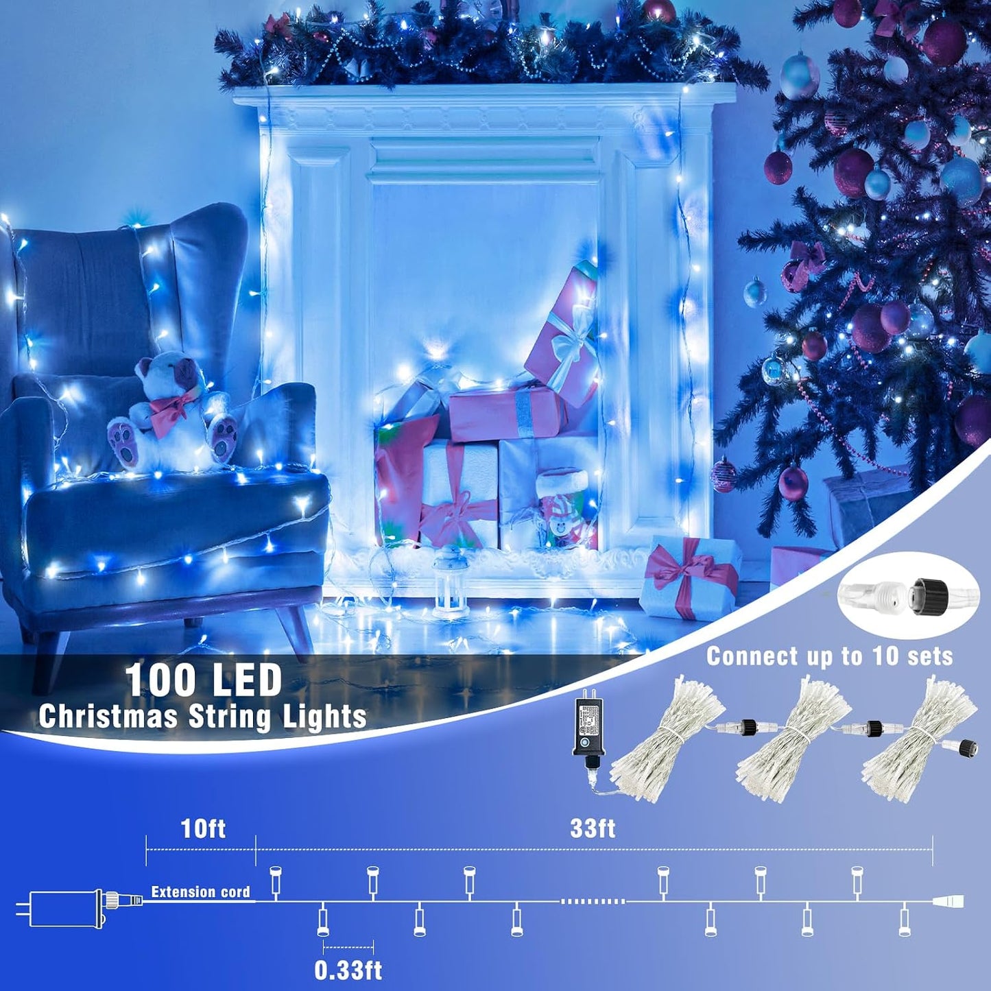 Guirnalda luces navideñas 100led 33pies 8modos impermeable