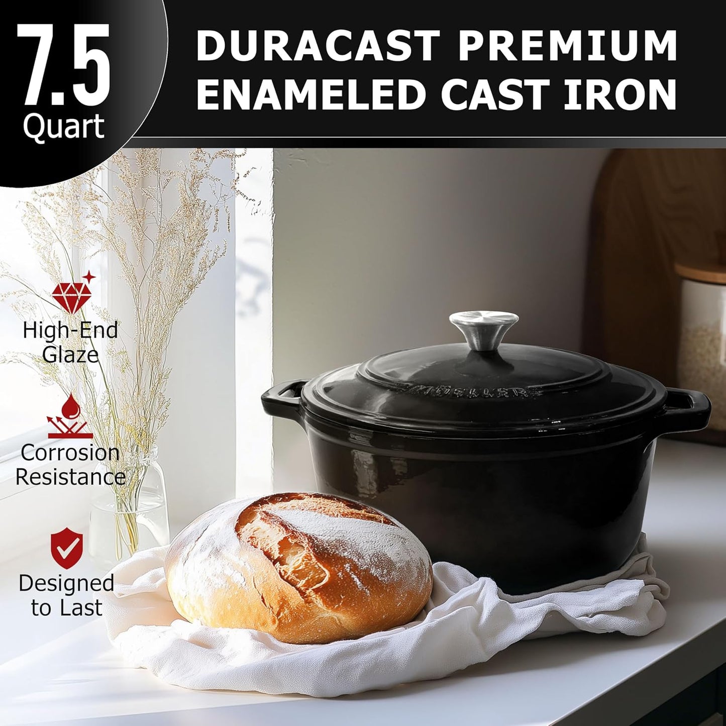 Horno holandés hierro fundido esmaltado 7.5qt negro