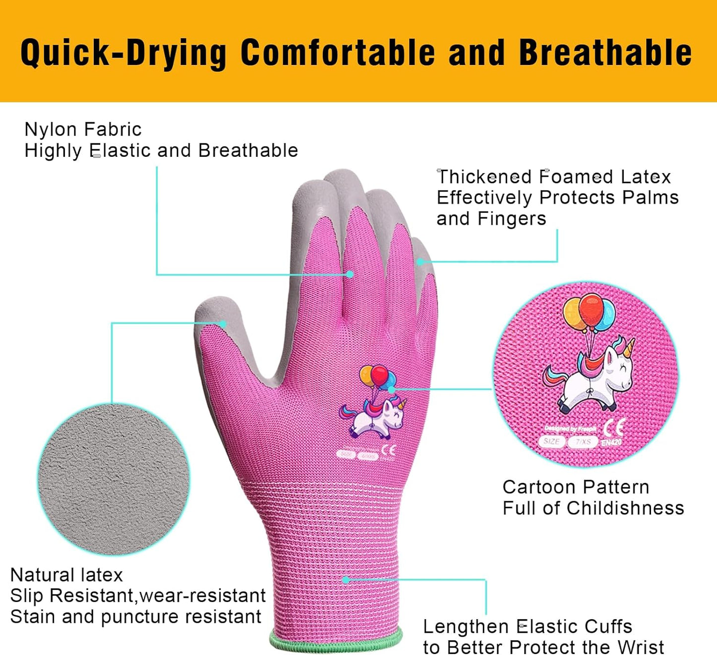 Guantes jardín niños 5-7 años suave goma unicornio rosa