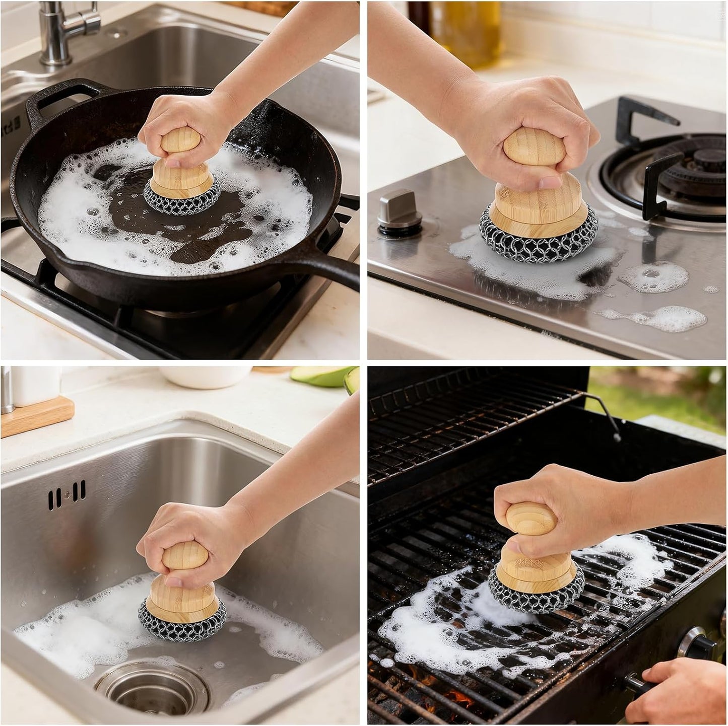 Limpiador hierro fundido cepillo acero inox 316 con mango bambú