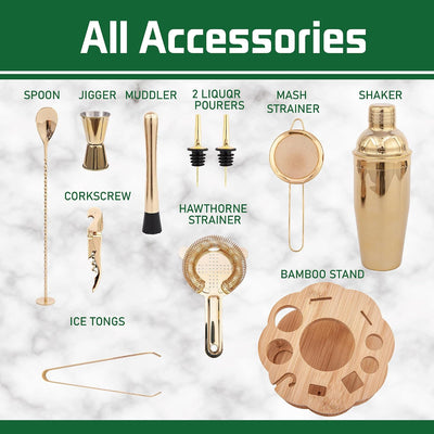 Juego coctelera acero inox soporte bambú giratorio 11 pzas dorado