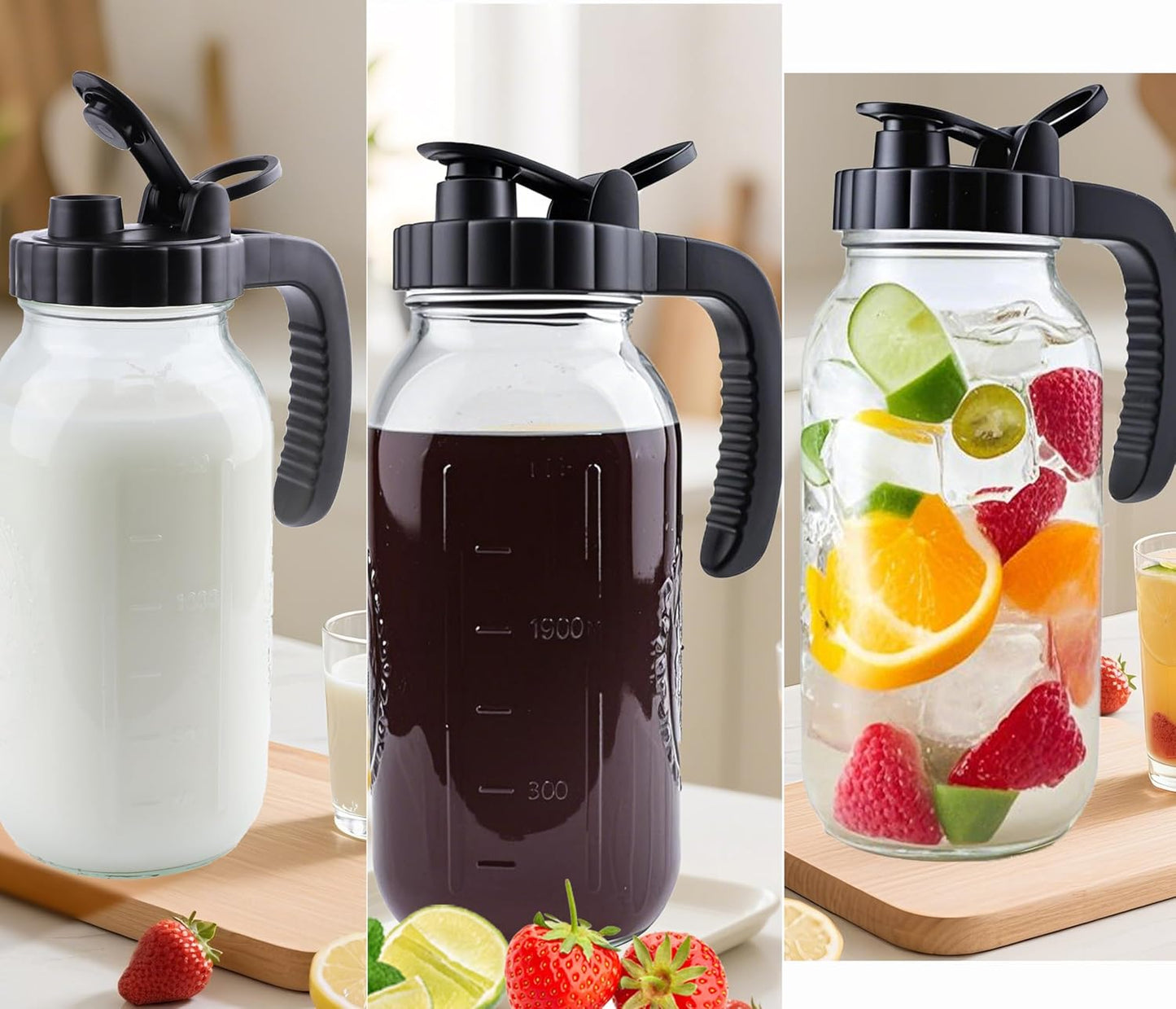 Jarra vidrio Mason 64oz boca ancha para agua té café