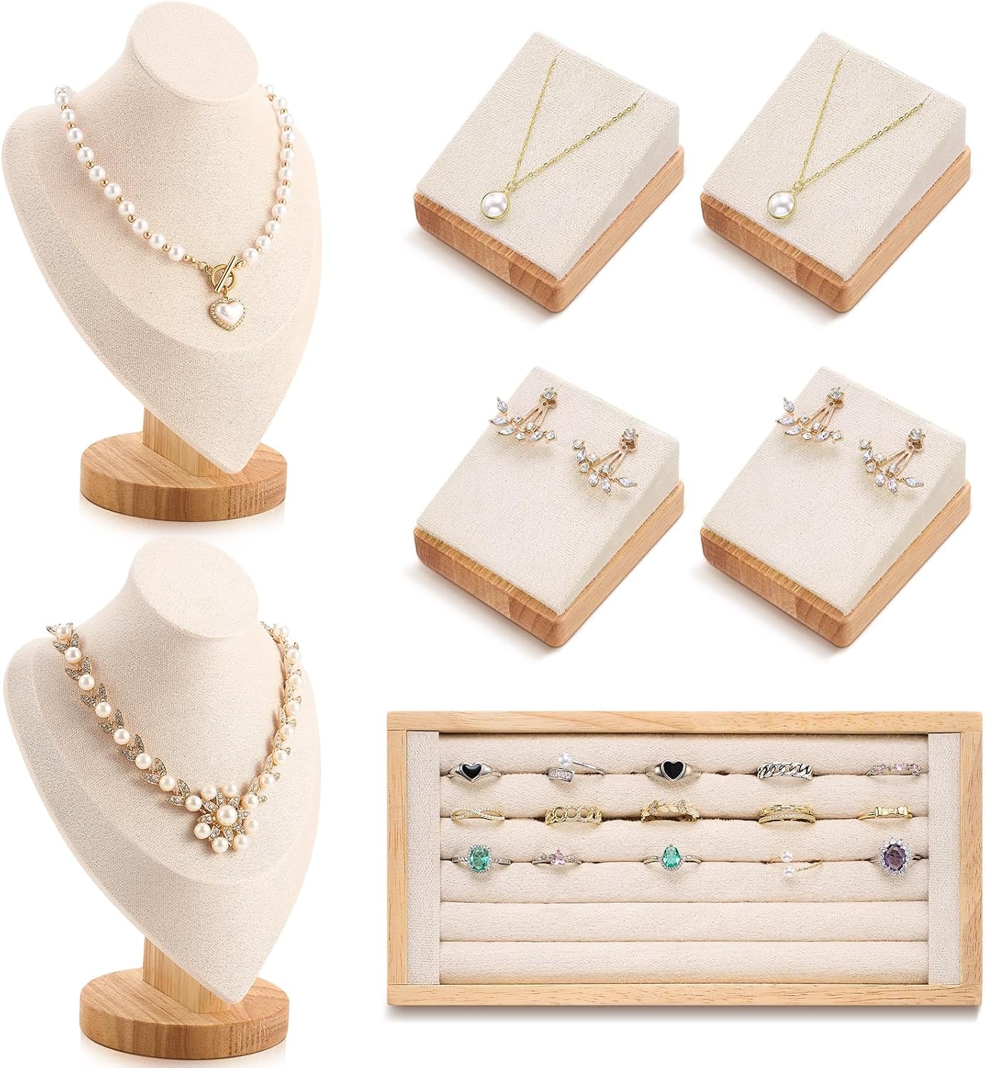 7 Pzas Organiz. Joyas Bambú Soporte Collares Anillos