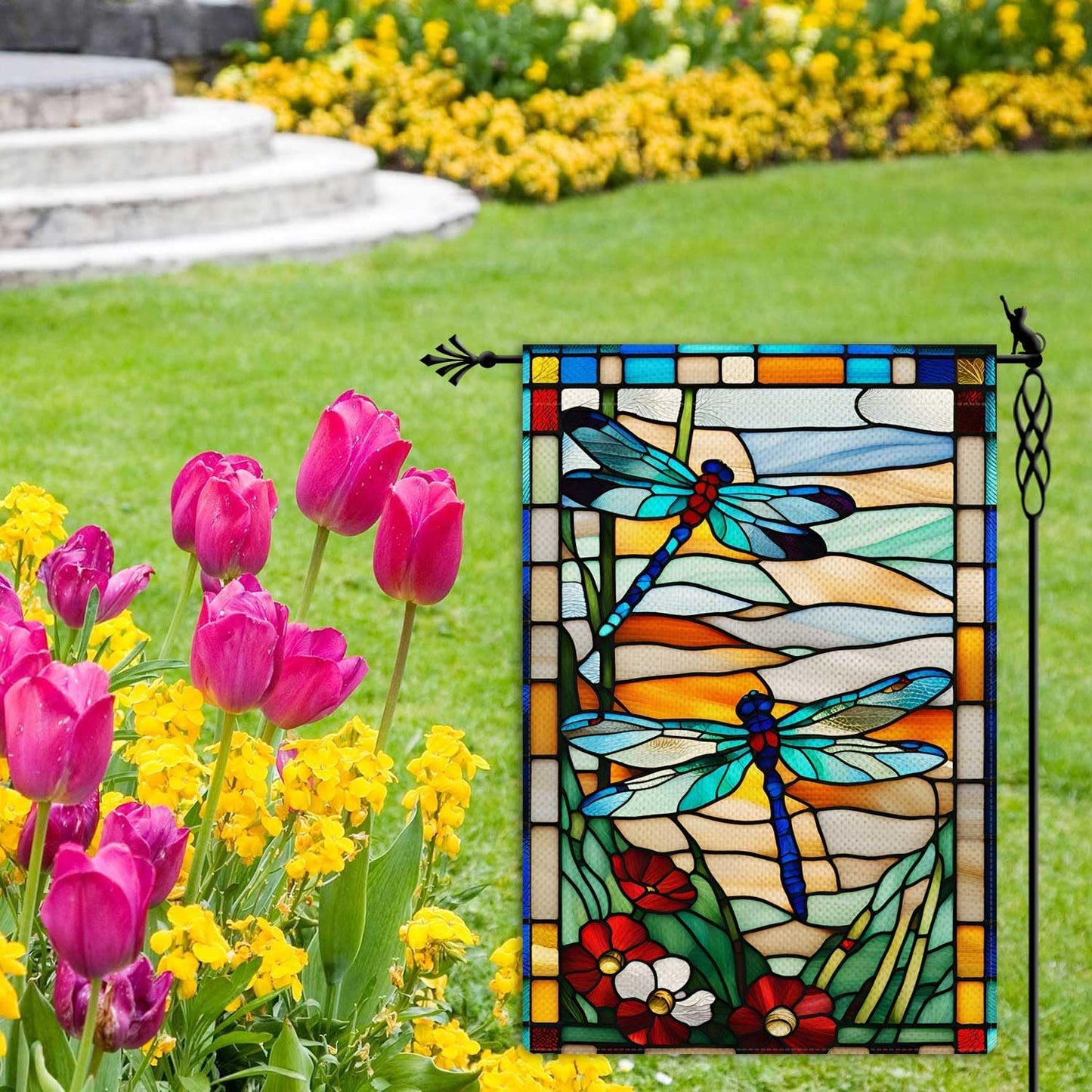 Bandera jardín libélula flores estilo vidrio arpillera rústica
