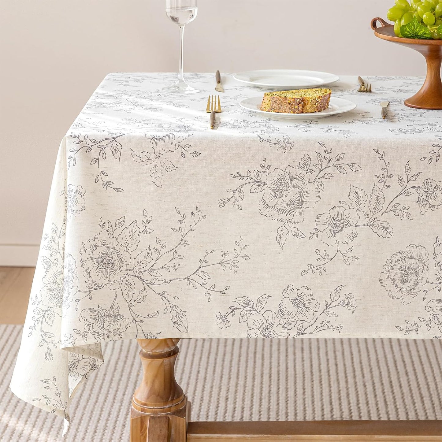Mantel ovalado lino floral 55x120pulg vintage gris crema