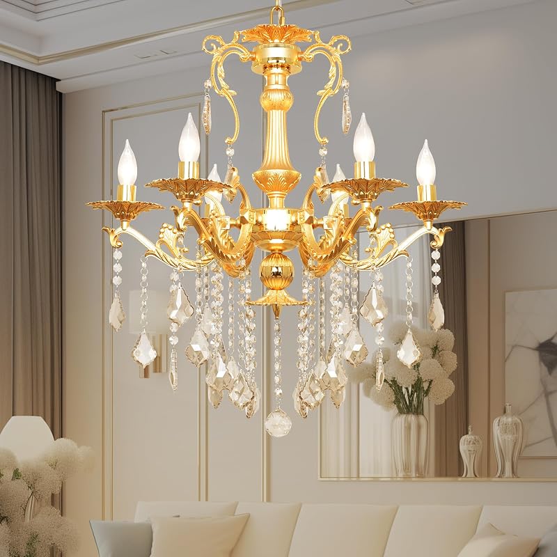 Candelabro cristal dorado 24pulg con 6 luces brazos curvos
