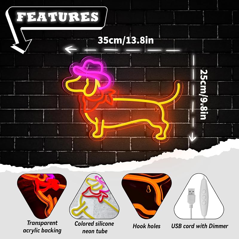 Letrero Neón Dachshund Sombrero Vaquero Tienda Mascotas