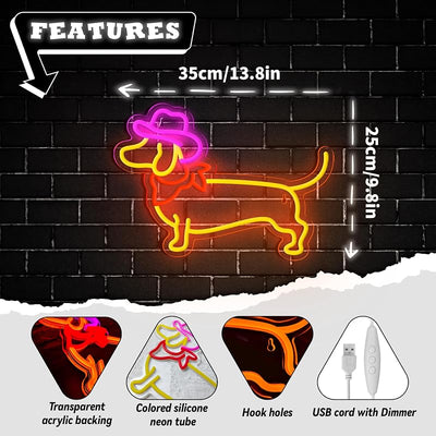 Letrero Neón Dachshund Sombrero Vaquero Tienda Mascotas