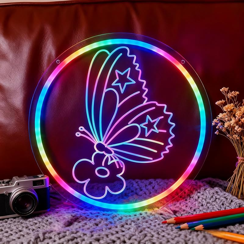 Letrero neón mariposas USB 33x33cm para dormitorio infantil