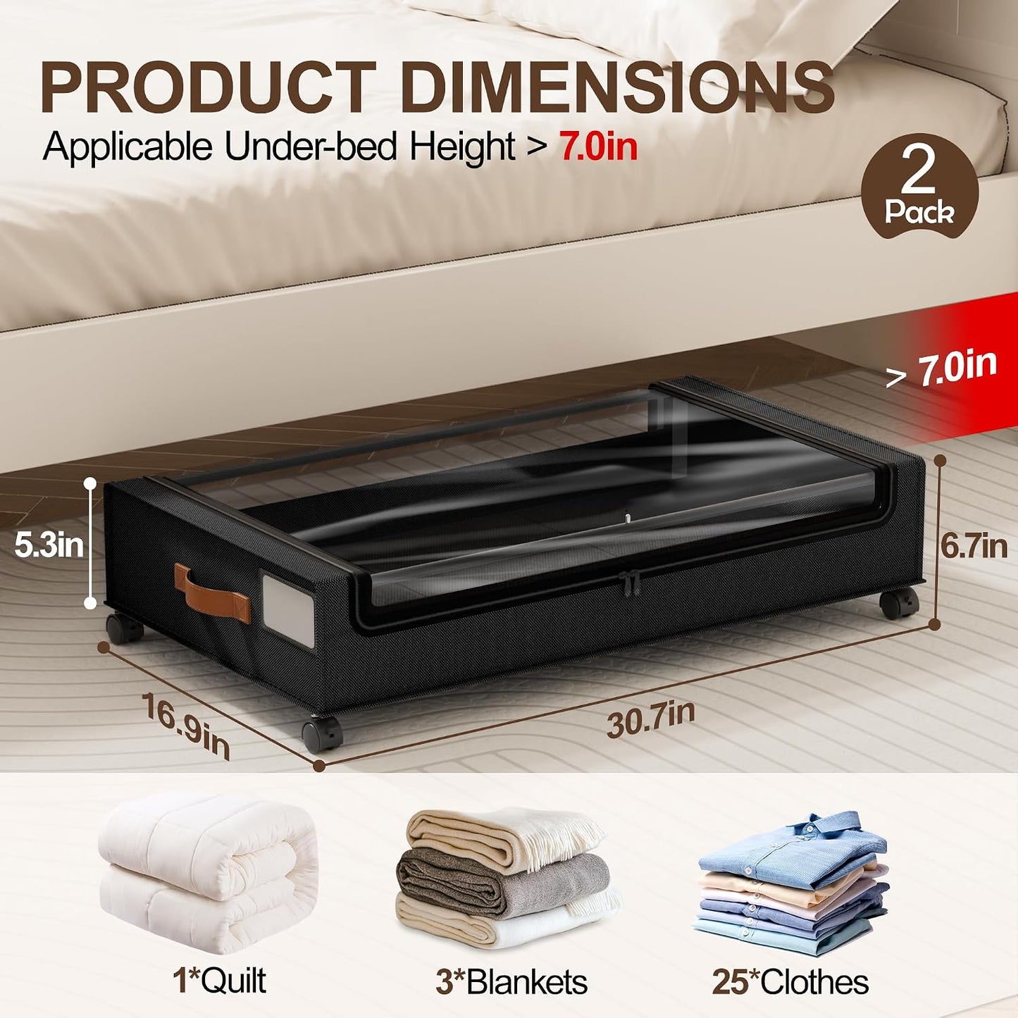 2 Contenedores Almacenamiento Cama con Ruedas XXL 60L Negro
