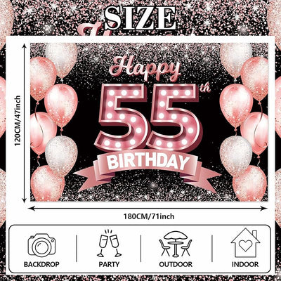 Cartel cumpleaños 55 años color oro rosa confeti globos
