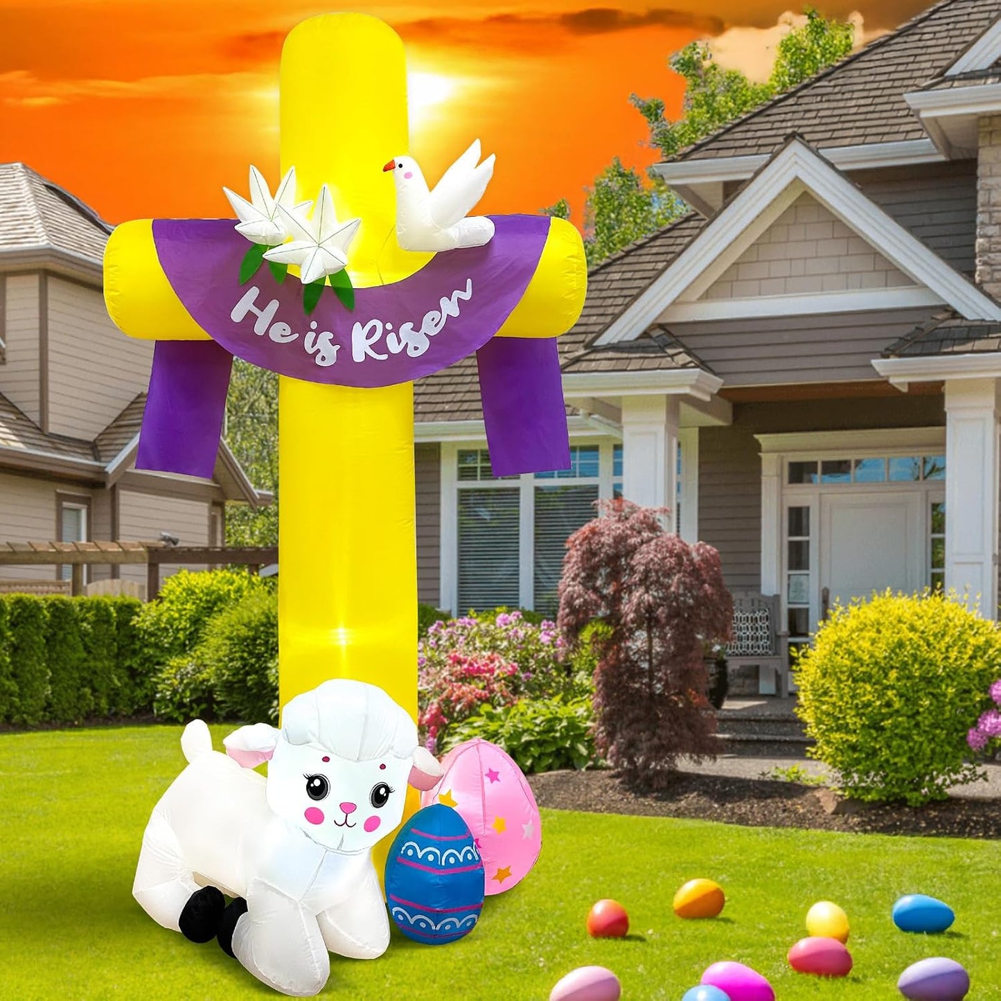Inflable Pascua 8ft para patio cruz Él is Risen cordero