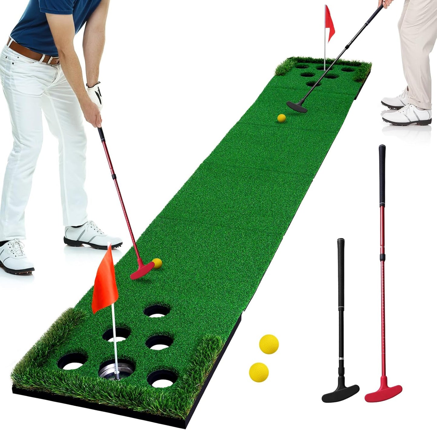 Set practica golf 2 putters 2 bolas cubos banderas adultos