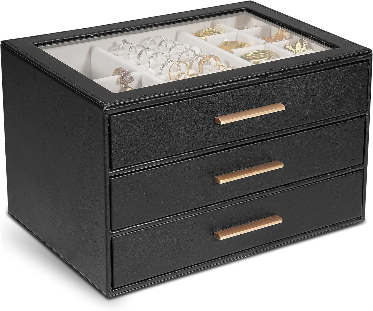 Caja joyas mujer con tapa vidrio 3 cajones PU negro