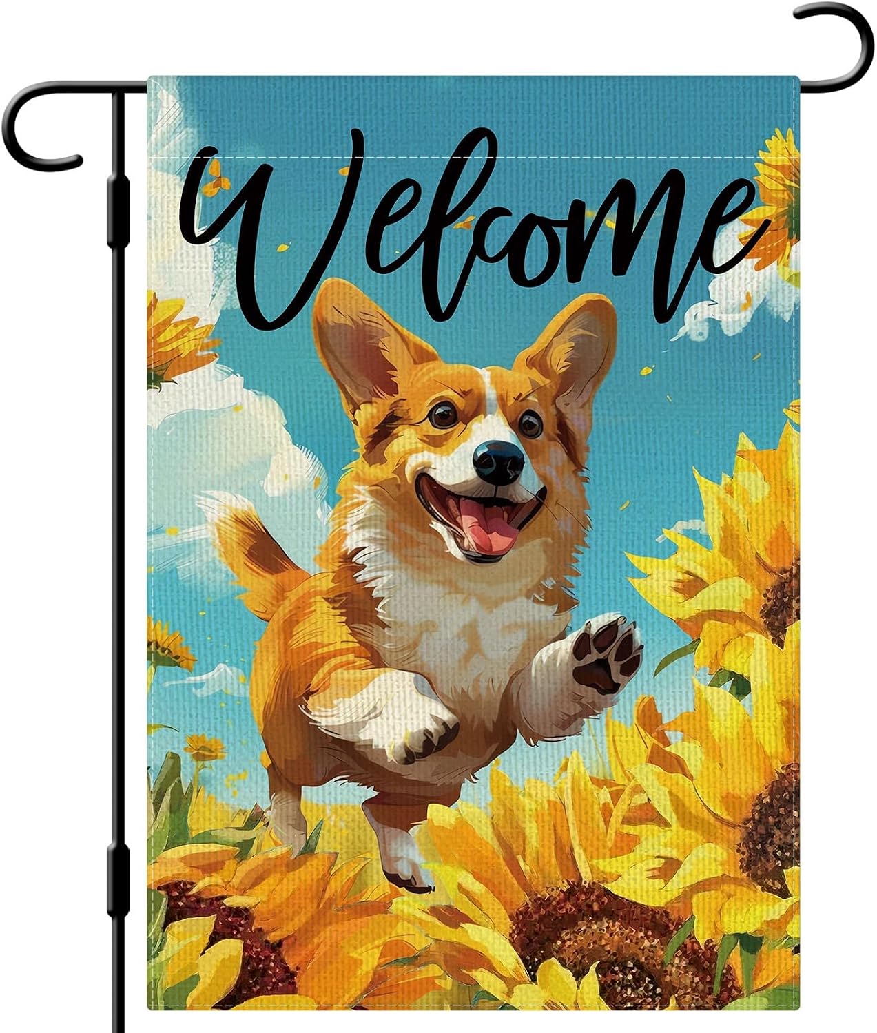 Bandera jardín corgi girasol 12x18pulg doble cara arpillera