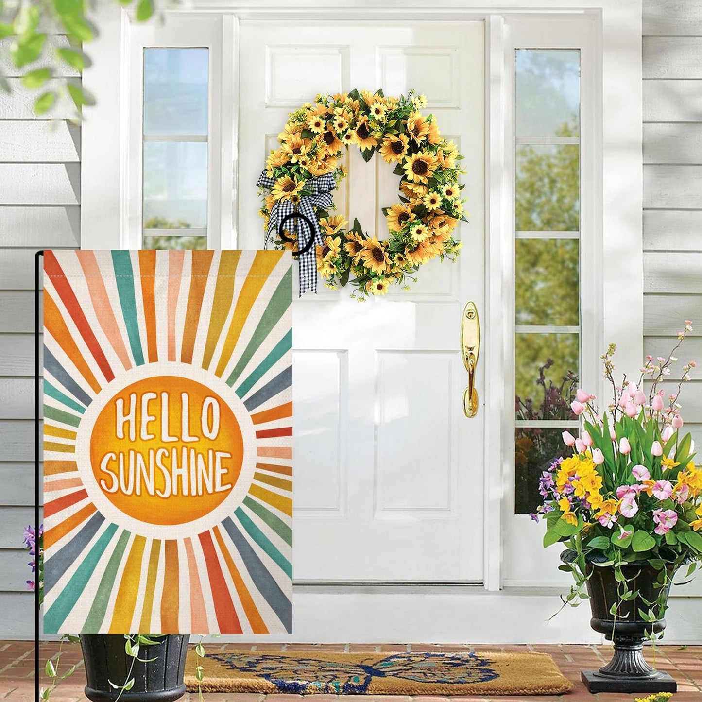 Bandera jardín 12x18pulg Hello Sunshine doble cara