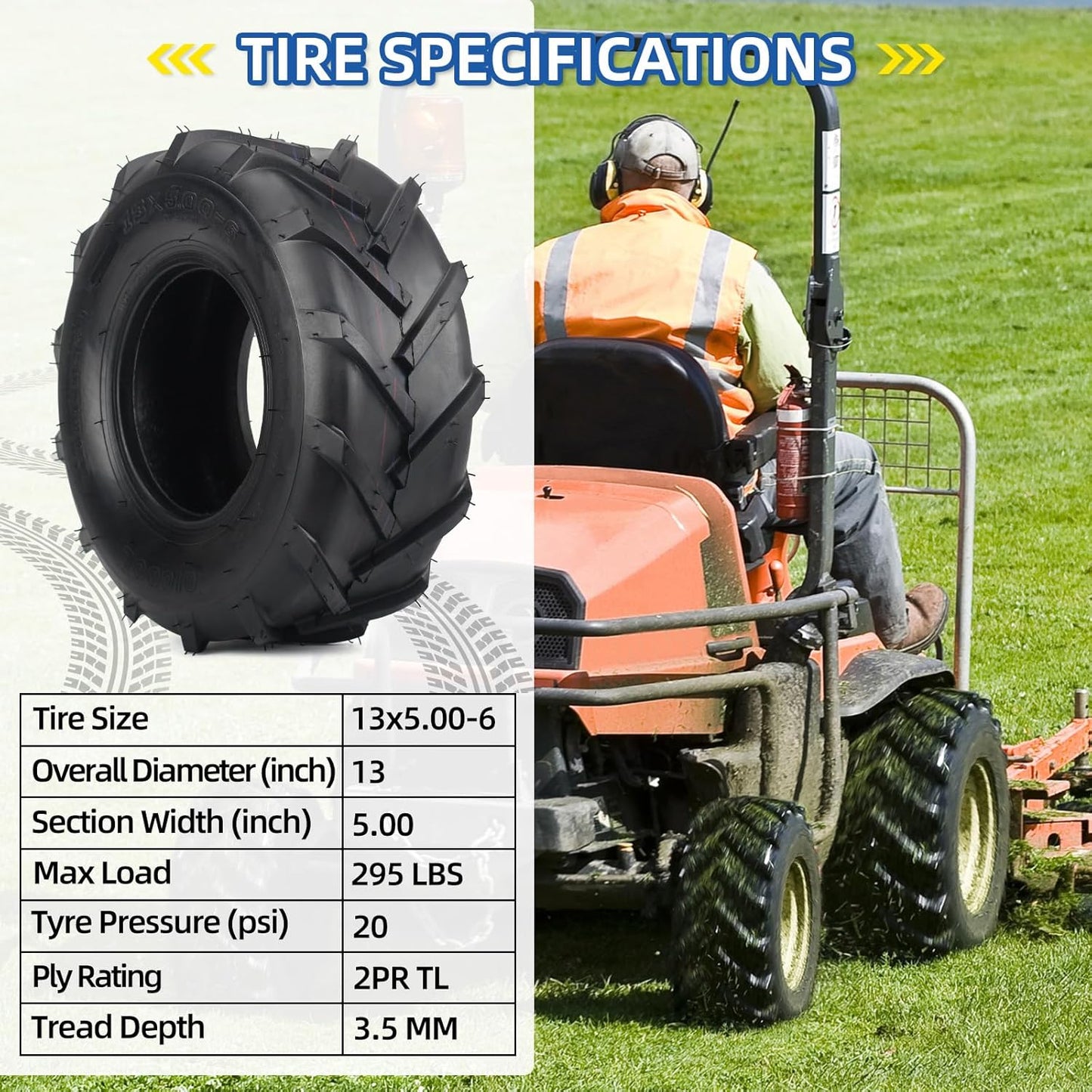 Neumático sin cámara 13x5-6 para tractor 2 capas súper orejeta