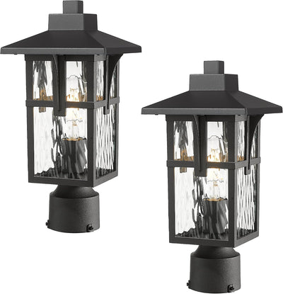 2 Luces Poste Exterior Industrial Negro Mate Vidrio Ondulado
