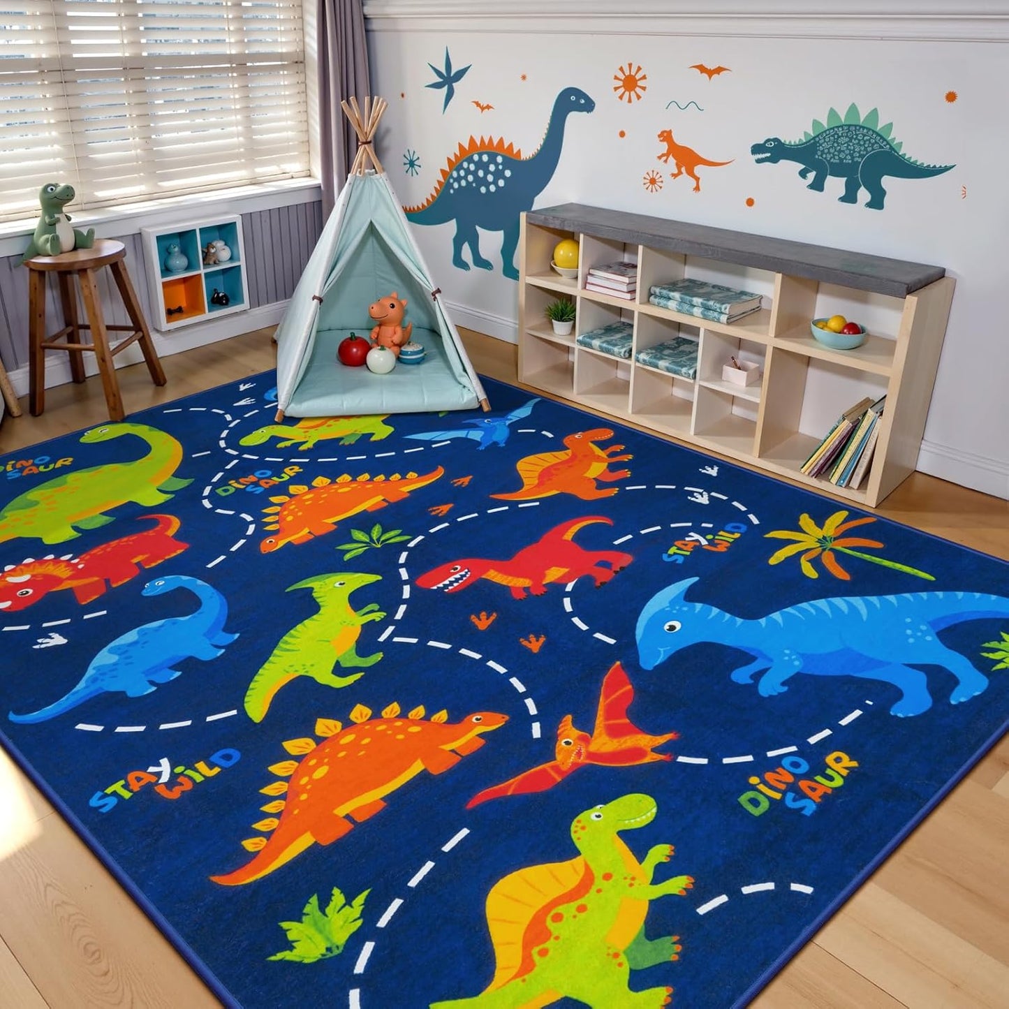 Alfombra dormitorio niños 5x7m azul dibujos animados